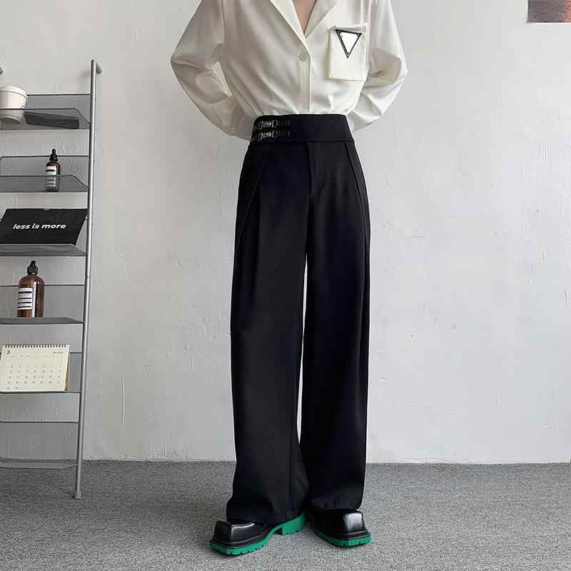 Other - メンズ 韓国 ドレープ ストレートパンツ ワイドレッグ フロア レングス メタルバックル カジュア パンツ オールシーズン