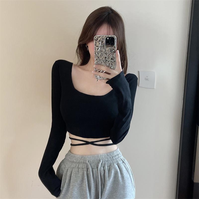 秋冬 ラスト レースアップ 大きめ Uネック 長袖 シャツ フェミニン へそ出し ストラップ スリムフィッ..