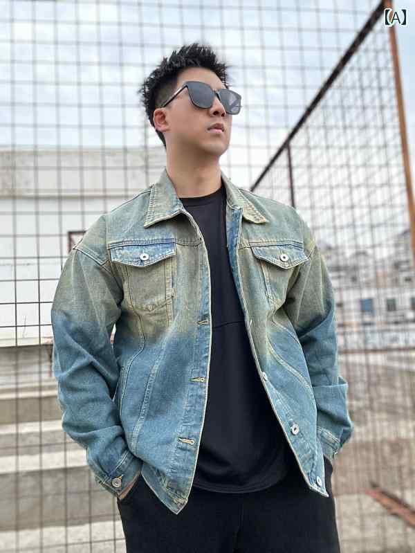 ジャケット トップス マッスル ウェア メンズ アメリカン レトロ デニムジャケット ダメージ デニムジャケット 秋 グラデーション