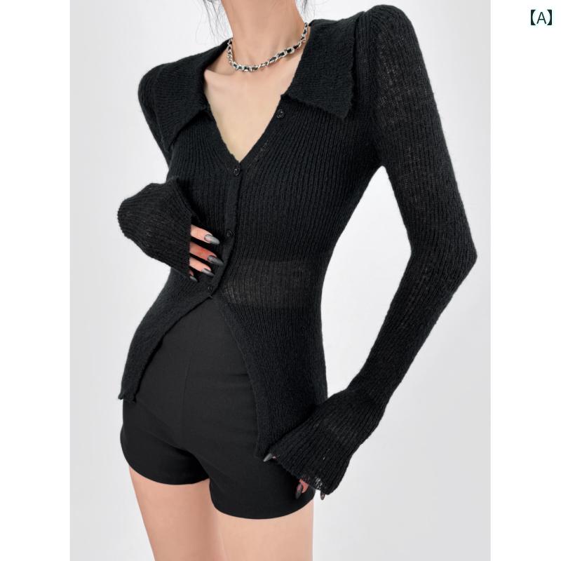 レディース ファッション 春 薄手 タイト 長袖 トップス Tシャツ ニット ボタン セーター カーディガン シンプル カジュアル