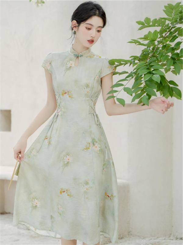 レディース フレンチ 緑 チャイナドレス 若年層 ドレス 花柄 半袖 ワンピース グリーン シフォン 婦人服 レディース 夏