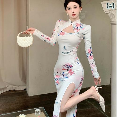 レディース イブニングドレス カクテル パーティー ワンピース キャバ ナイトクラブ 秋冬 レトロ プリント スリット スリム チャイナ ドレス ハイエンド 女性