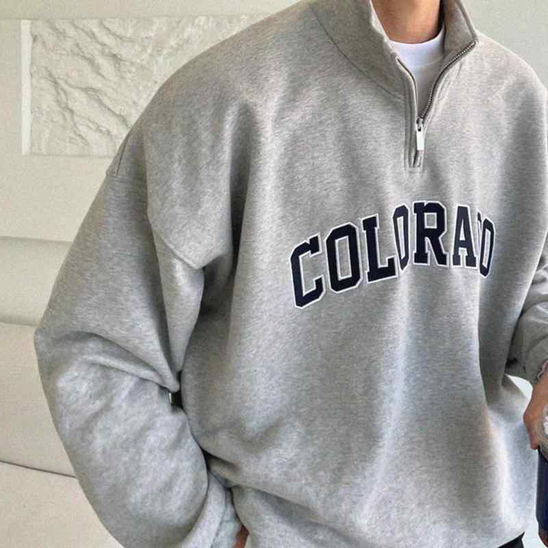 ジャケット トップス 韓国 カレッジ 刺繍 ハーフ ジップ プルオーバー スタンドカラー グレー トレーナー 男性 女性 カップル