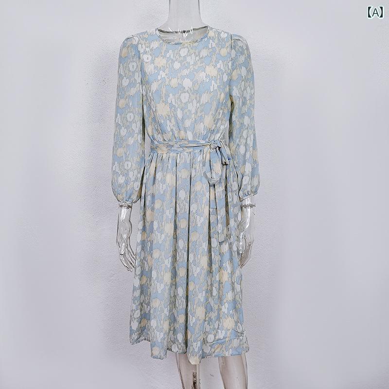 レディース エスニック ドレス ワンピース 春 長袖 シフォンプリント 水玉 シフォン