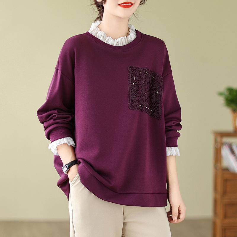 トップス 冬 レース フェイク セットアップ 紫 レディース 厚手 トレーナー レディース 上品 エレガント