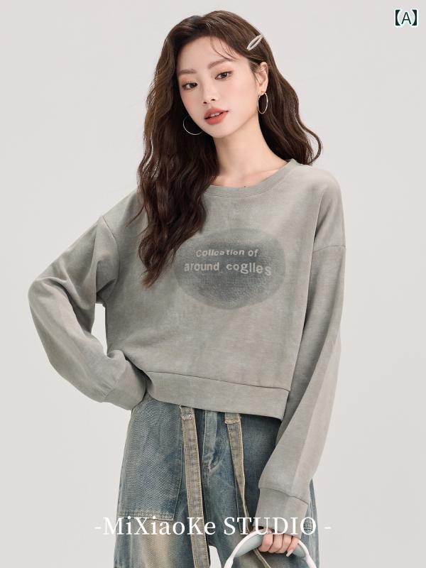 秋冬 レディース 女の子 ラウンドネック スウェット シャツ 小柄人 カジュアル プルオーバー ショート トップス ファッション ゆったりタイプ