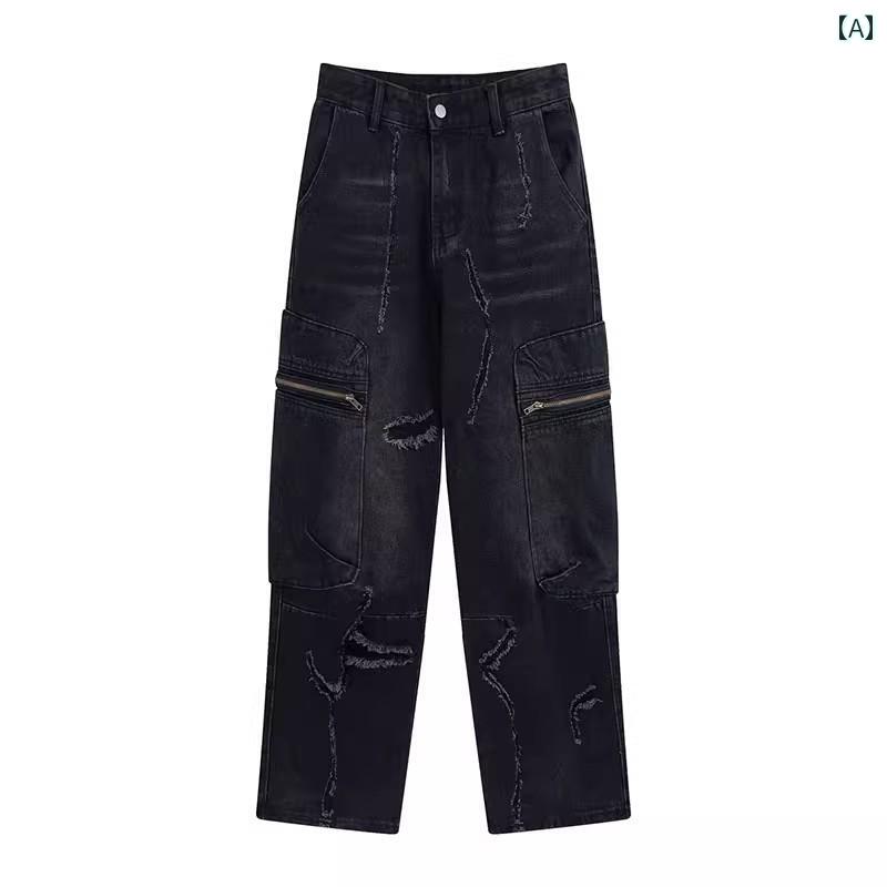 メンズ パンツ デニム ストリート ひび割れ 生 エッジ ジッパー ジーンズ マルチ ポケット オーバー オール ストレート ブラック