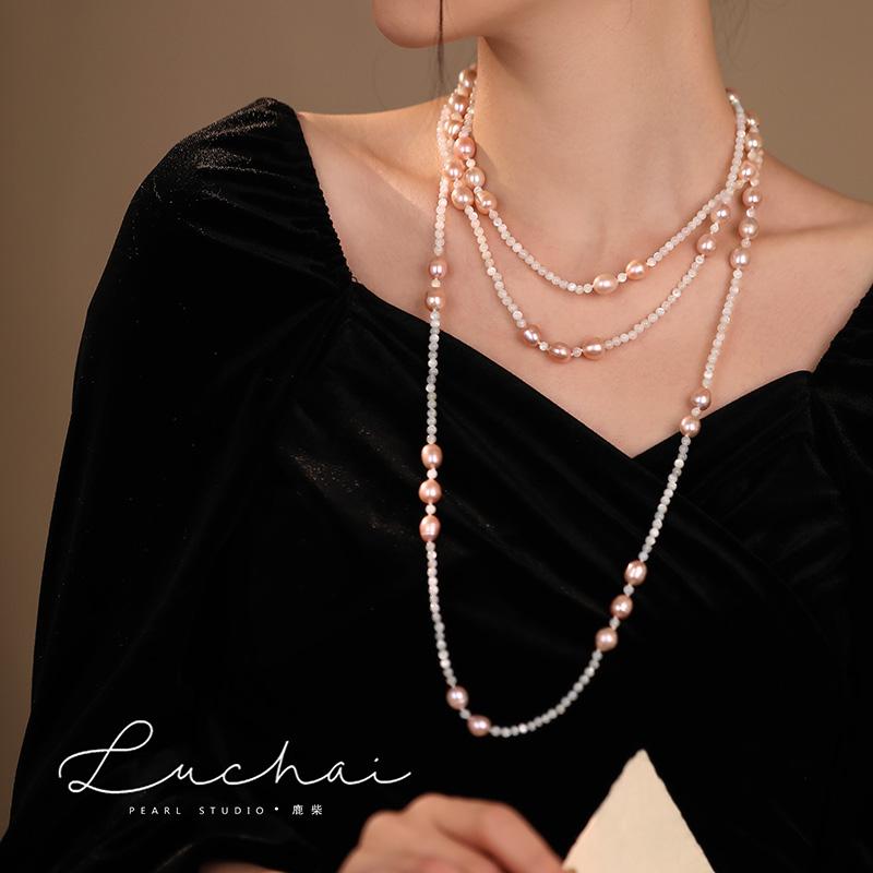 Pink - ネックレス レディース 結婚式 セレモニー 上品 多層 淡水 ピンクパール ネックレス 豪華 セーター チェーン ロング