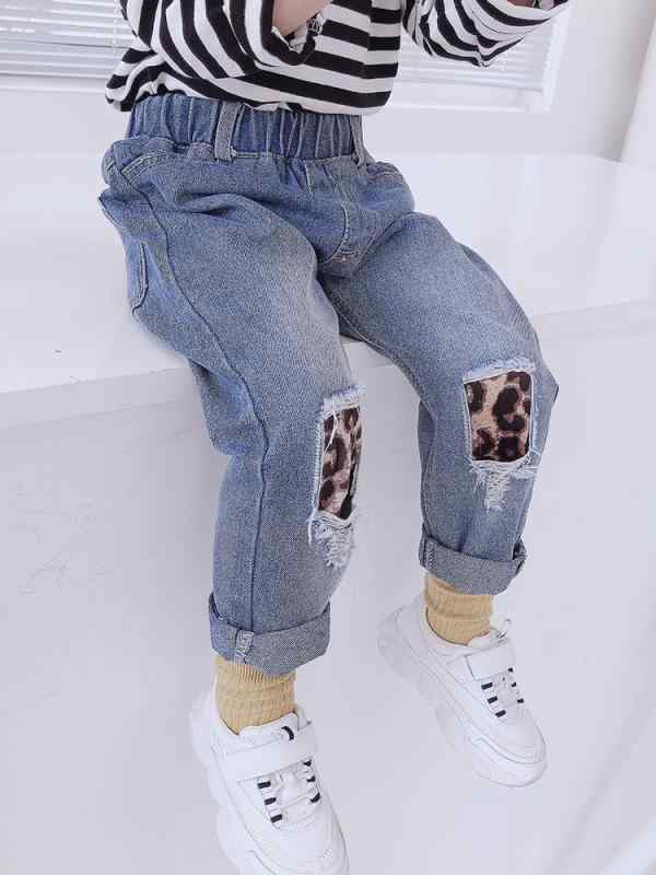 パンツ キッズ ファッション カジュアル デニム 女の子用 破れた ジーンズ 秋服 韓国 スタイル スタイリッシュ 子供用 ヒョウ柄 女児 赤ちゃん 春秋 ズボン