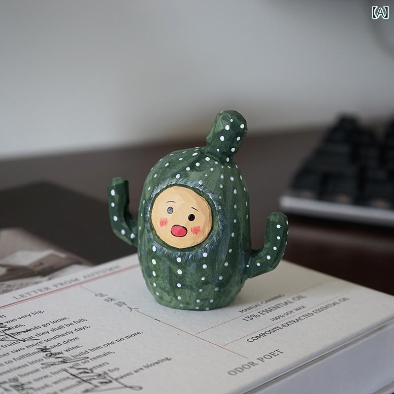 サボテン 人形 木彫り 小さめ 飾り かわいい 癒し 机 装飾 ミニチュア デスクトップ インテリア ナチュ..