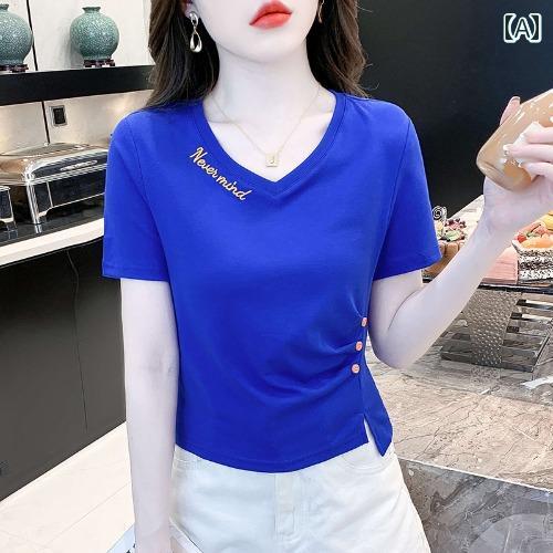 レディース 夏 トップス シャツ 大人 かわいい ガーリー サマー 婦人服 快適 女性 不規則 半袖 T スリムフィット ショート(4.0)