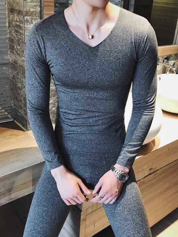 メンズ 秋 冬 用 サーマル 下着 セット Vネック 薄手 裏起毛 ドイツ ベルベット 服 タイトフィット シ..