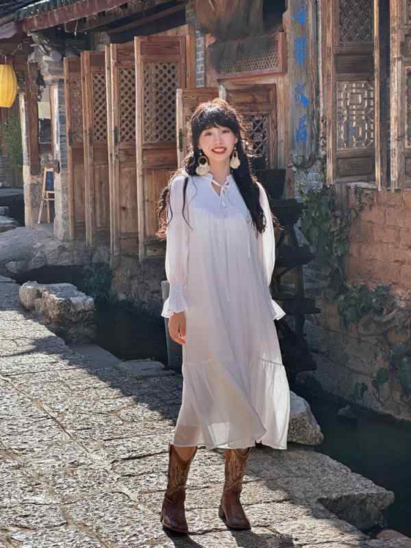 レディース エスニック ボヘミアン ロングスカートワンピ おしゃれ ホワイト ボヘミアン フレンチ ドレープ ベルスリーブ ドレス 秋 旅行 休暇