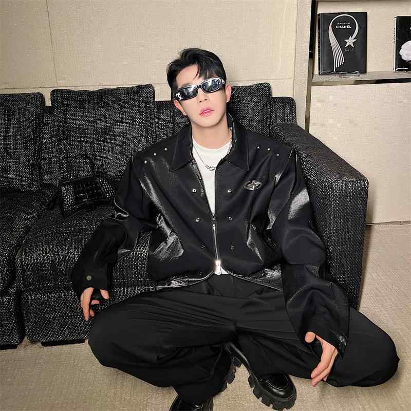 ジャケット メンズ 秋 かっこいい 液体 光沢 レトロ ハイエンド ストリート ショルダーパッド