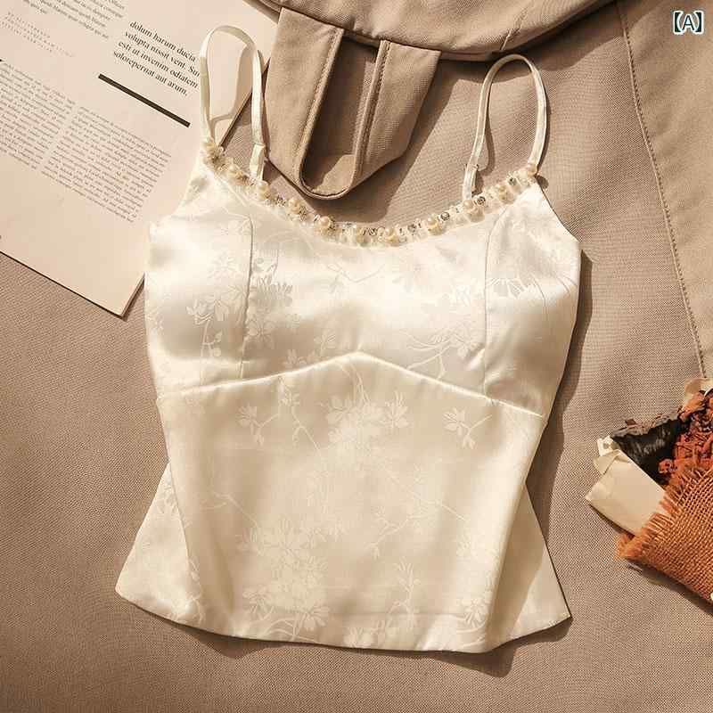 夏 レディース フレンチ サテン ビーズ キャミソール 着痩せ ノースリーブ トップス スリムフィット ラグジュアリー
