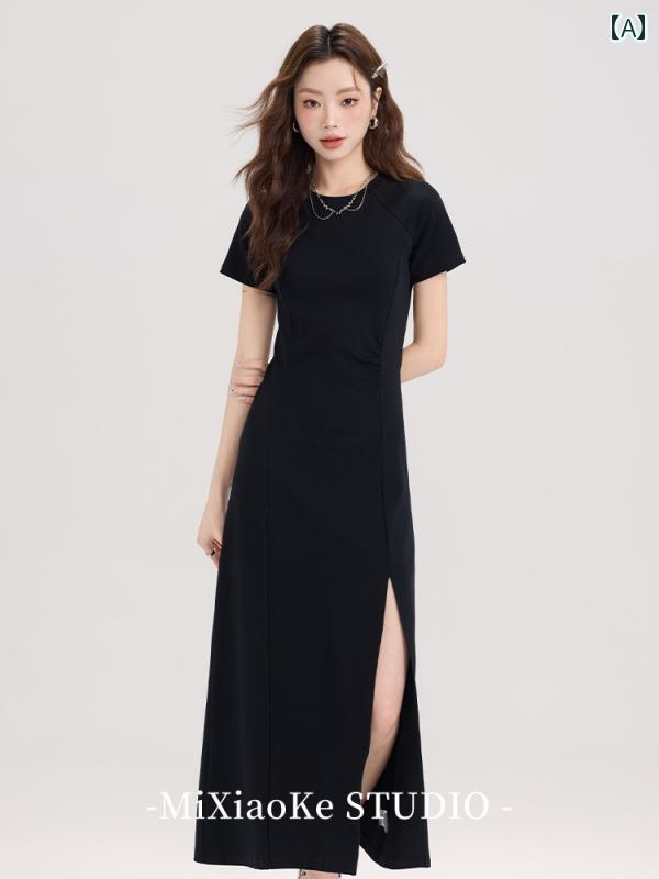 ワンピース 黒 ラウンドネック 半袖 ドレス レディース 夏 スリムフィット エレガント ロング スカート シック カジュアル スタイリッシュ 上品 大人っぽい 無地