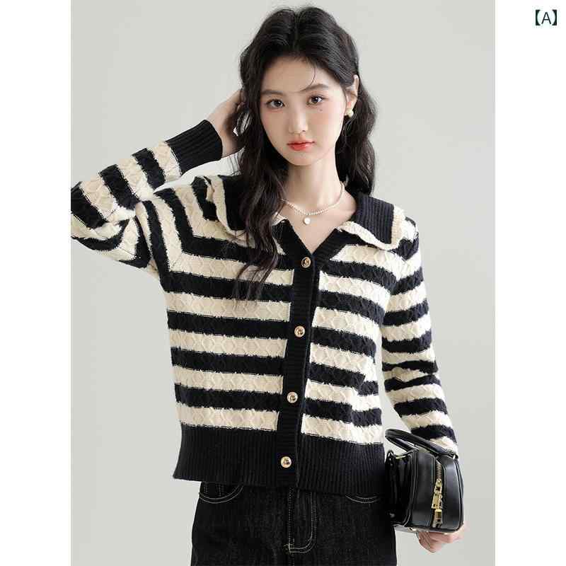 カーディガン ガーリー 秋冬服 レトロ ボーダー ストライプ 黒白 系 ネイビー アイボリー ニット レデ..