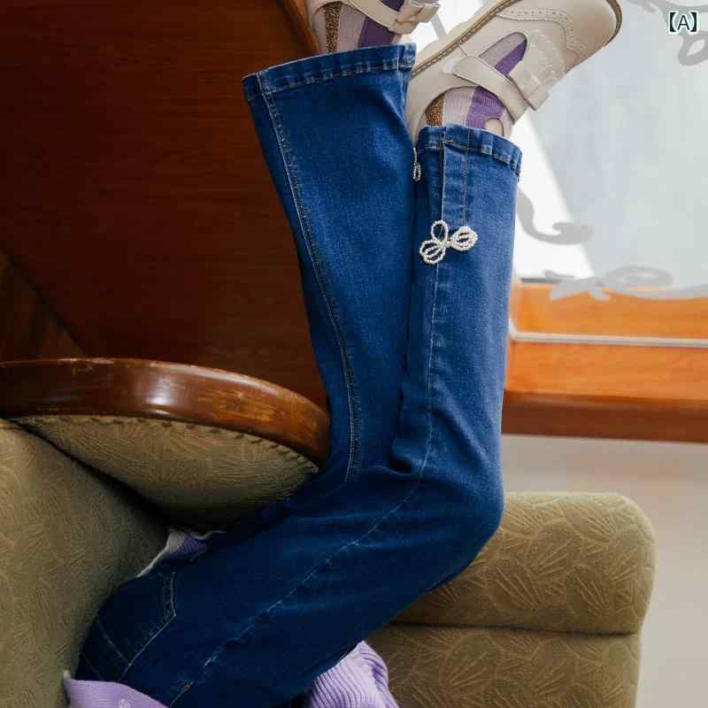 パンツ デニムパンツ カジュアル 子供服 キッズ 秋 ジーンズ 弾性 アウターパンツ ボウ 子供 マイクロフレア