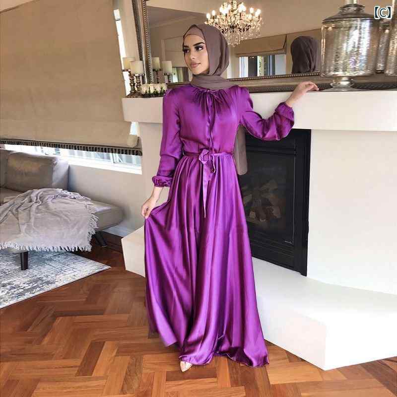 レディース エスニック ドレス 民族 ワンピース ソフト ウエスト フル スカート 秋 アメリカ ドバイ エレガント サテンロングドレス