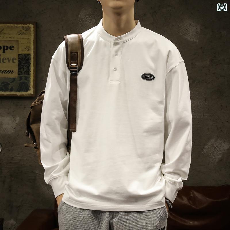 トップス ポロシャツ メンズ ゆったり カジュアル ストリート 英国 紳士 ヘンリー カラー 長袖 Tシャツ 春秋 大きいサイズ 白