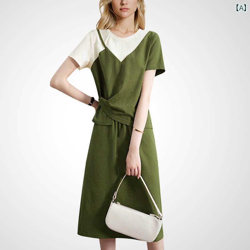 レディース ファッション セットアップ スーツ エレガント カジュアル スタイリッシュ 夏 半袖 トップ スカート 2点セット