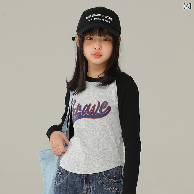 トップス 子供服 おしゃれ ナチュラル 普段着 キッズ 女の子 春秋 ラグランスリーブ Tシャツ スリム 子供用 プリント カーブ ヘム スイート スパイシー 長袖