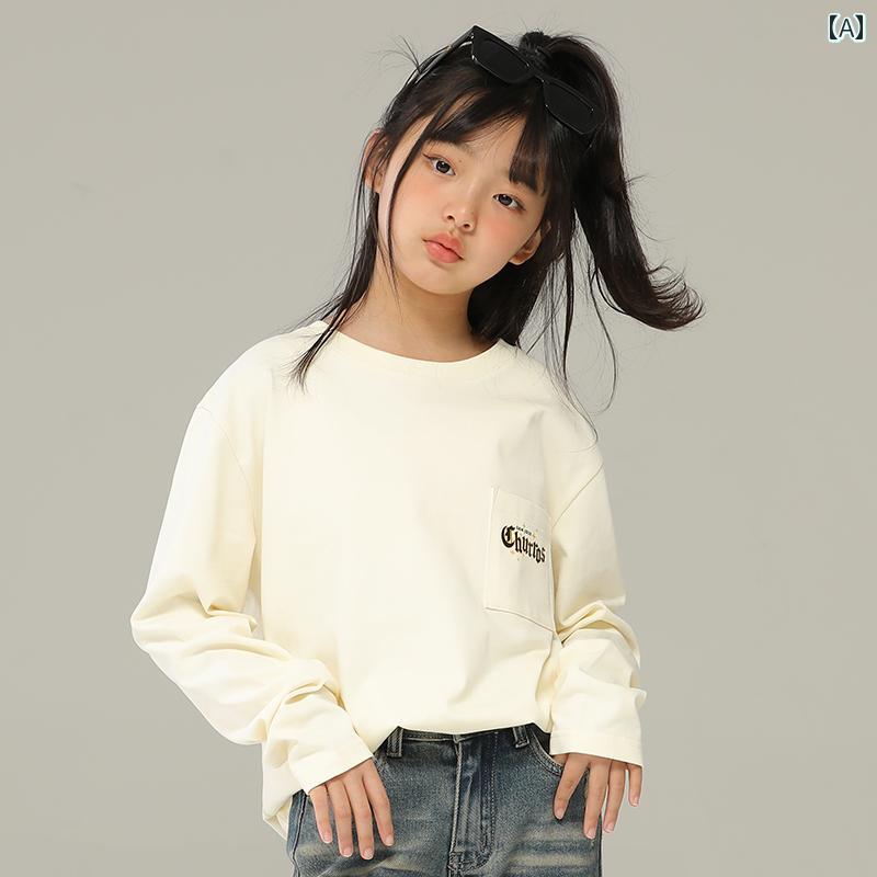 トップス シャツ 子供服 おしゃれ ナチュラル 普段着 キッズ 女の子 春秋 アメリカン カジュアル ポケット プリント 長袖 子供用 ラウンドネック