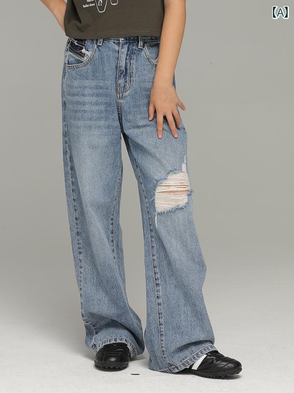 パンツ デニムパンツ キッズ 小さい 女の子 春秋 ズボン ストレート レッグ リップ 子供用 ジーンズ 甘..