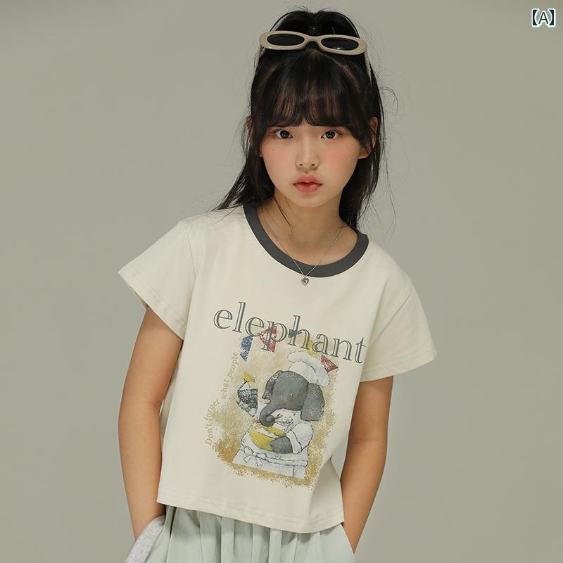 トップス Tシャツ キッズ おしゃれ ナチュラル 小さい 女の子 夏 レトロ 古風 アニマル プリント 対照的 ラウンドネック カジュアル ショート