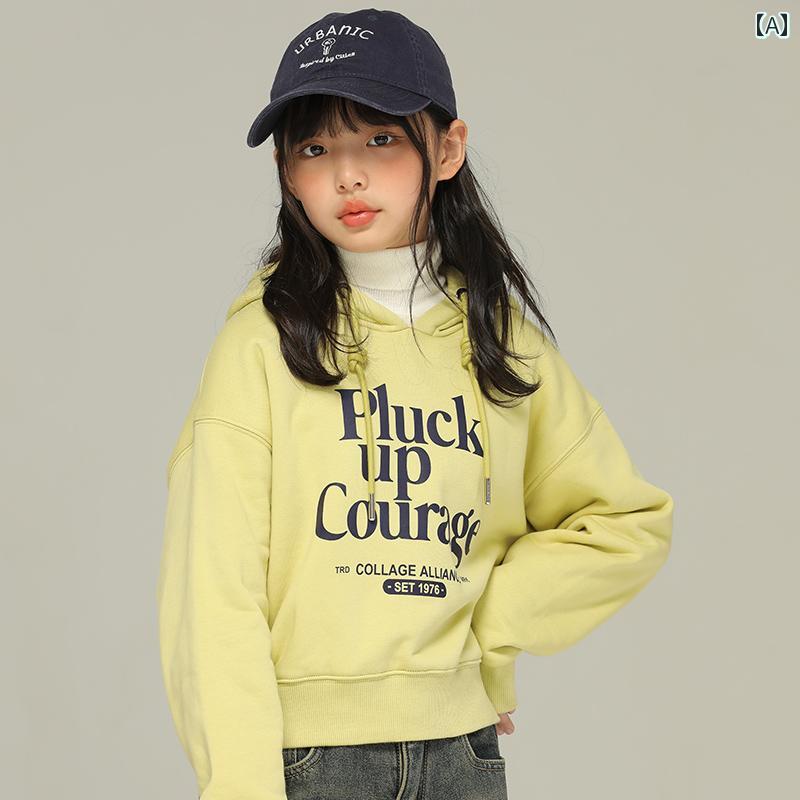 トップス 子供服 おしゃれ ナチュラル 普段着 キッズ 小さい 女の子 秋冬 黄色 フード付き スウェットシャツ 年長児用 ウェア ベルベット 文字 カジュアル