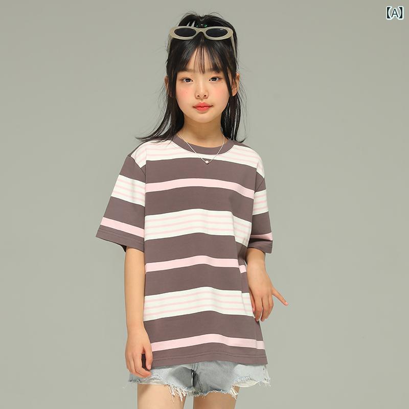 トップス Tシャツ キッズ おしゃれ ナチュラル 小さい 女の子 半袖 夏 子供服 韓国 ゆったり 中 大型 子供 ストライプ