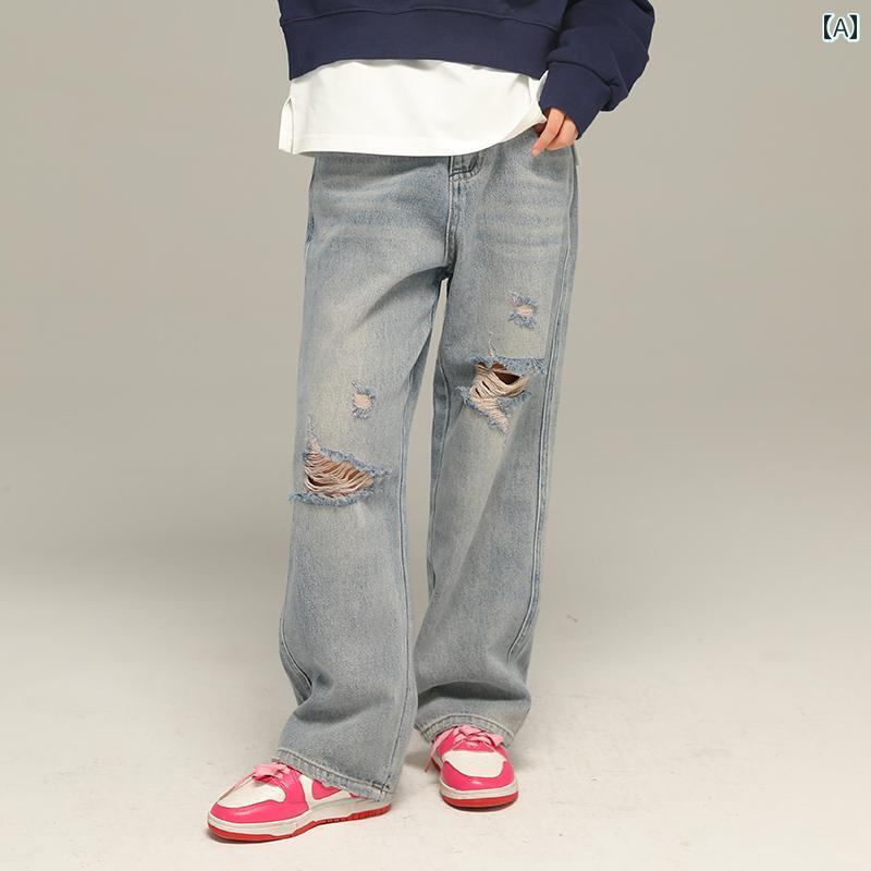 パンツ デニムパンツ キッズ 小さい 女の子 春夏 リップド ジーンズ 子供用 春秋 中型 大型 子供用 カジュアル ストレート ワイド レッグ