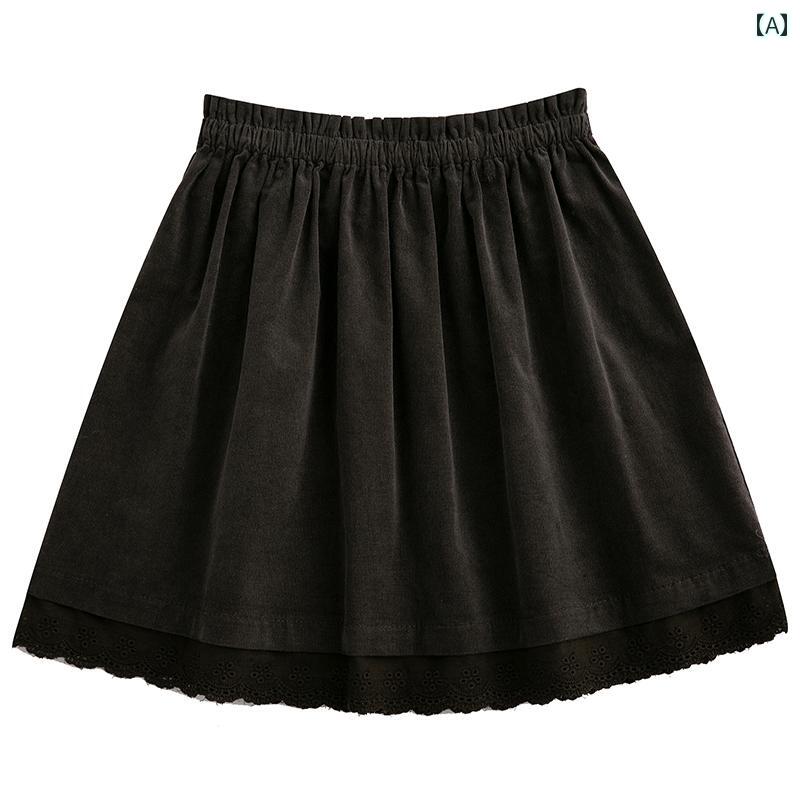 スカート 子供服 ボトムス ナチュラル 普段着 キッズ 女の子 子供 冬 親子 綿 コーデュロイ ハーフ レングス レース 弾性 ウエスト 多目的 ショート