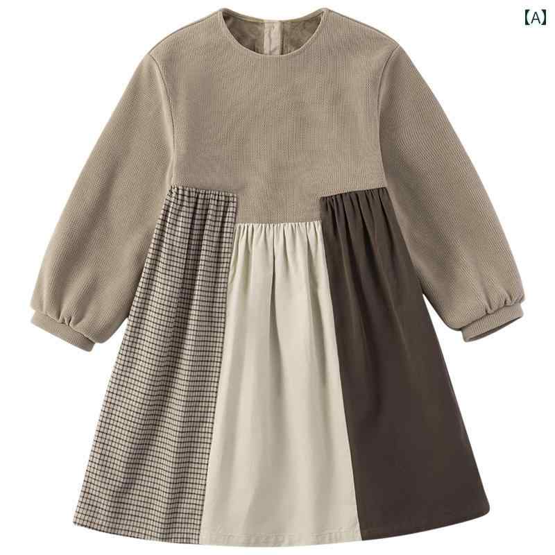 ドレス ワンピース キッズ かわいい ナチュラル 子供服 冬 子供 和風 小さい フレッシュ 対照的 色 ステッチ 女性 ベルベット 長袖