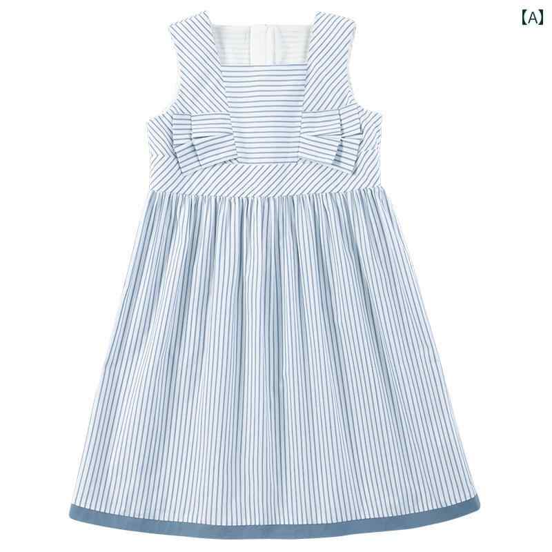ドレス ワンピース キッズ かわいい ナチュラル 子供服 春夏 立体 リボン ブルーストライプ プリンセス ベスト 女性