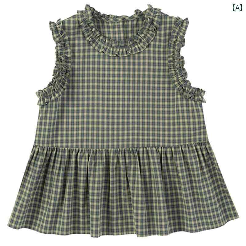 パンツ 子供服 おしゃれ キッズ 春夏 綿 牧歌的 グリーン チェック柄 レース ノースリーブベスト 子供 ツーピース スーツ 女性