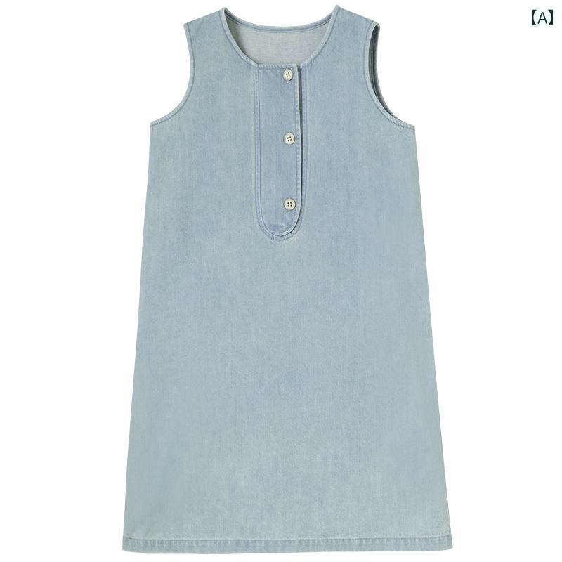ドレス ワンピース キッズ かわいい ナチュラル 子供服 夏 ライト ブルー ハイエンド ノースリーブ ツイル 親子 カジュアル デニム 女性