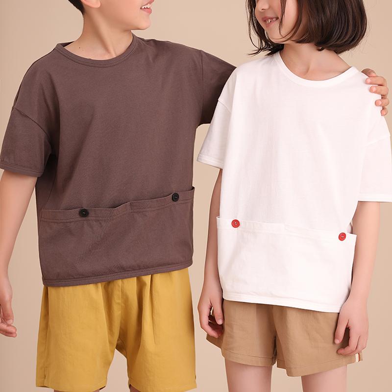 子供服 カジュアル ナチュラル 普段使い キッズ 春夏 男の子 女の子 親子 汎用性 高さ 通勤用 ラウンドネック ラップ エッジ 大きい ポケット 半袖