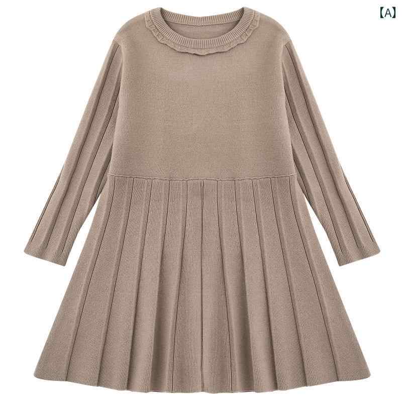 ドレス ワンピース キッズ かわいい ナチュラル 子供服 冬 チャオ 柔らかい 肌に優しい ニット レース ラウンドネック 親子 長袖 プリーツ 女性