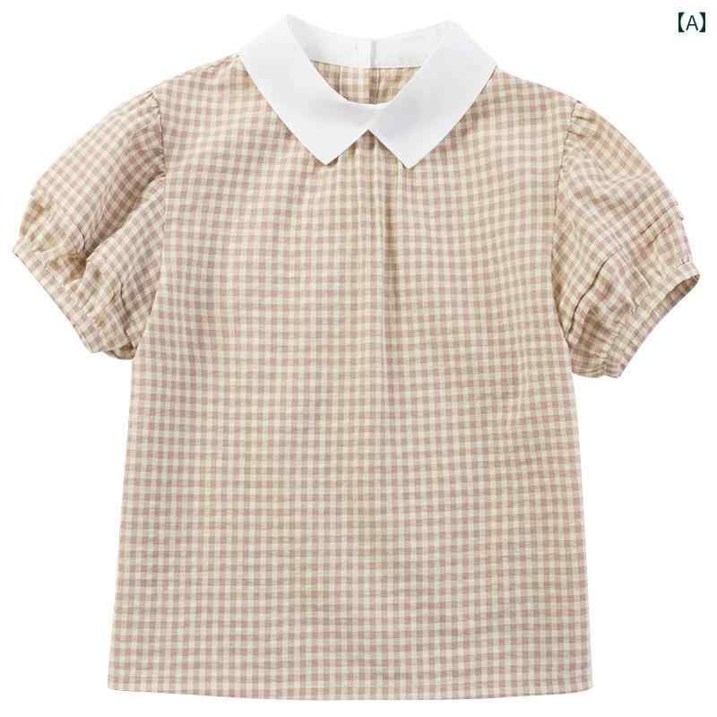 Other - トップス シャツ 子供服 おしゃれ ナチュラル 普段着 キッズ 夏 パフスリーブ 子供 カジュアル チェック柄 半袖 女の子 夏 薄手