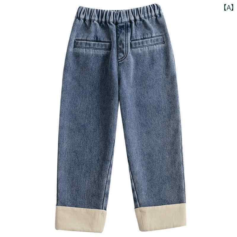 デニムパンツ キッズ 子供服 秋冬 子供用 ズボン ベルベット 厚手 スプライシング 弾性 ウエスト 暖かい ストレート ジーンズ 男の子 女の子用