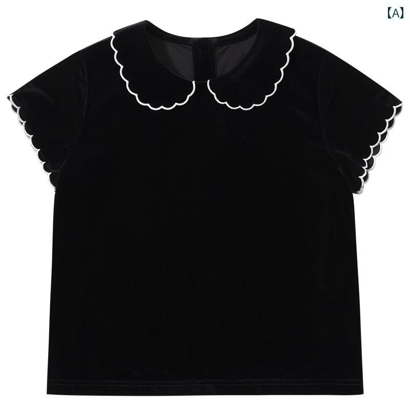 トップス 子供服 カジュアル ナチュラル 普段使い キッズ 夏 ブラックゴールド ベルベット コントラスト 花びら 襟 親子 カジュアル 半袖 女性