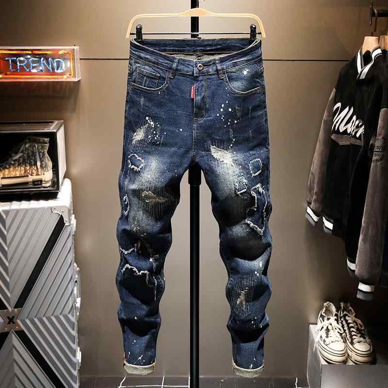 パンツ デニムパンツ スキニー スリムフィット おしゃれ スタイリッシュ メンズ アメリカ リップ ジーンズ パッチ スクラッチ クロップド 韓国