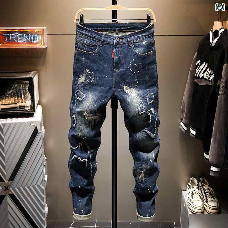 パンツ デニムパンツ スキニー スリムフィット おしゃれ スタイリッシュ メンズ アメリカ リップ ジーンズ パッチ スクラッチ クロップド 韓国