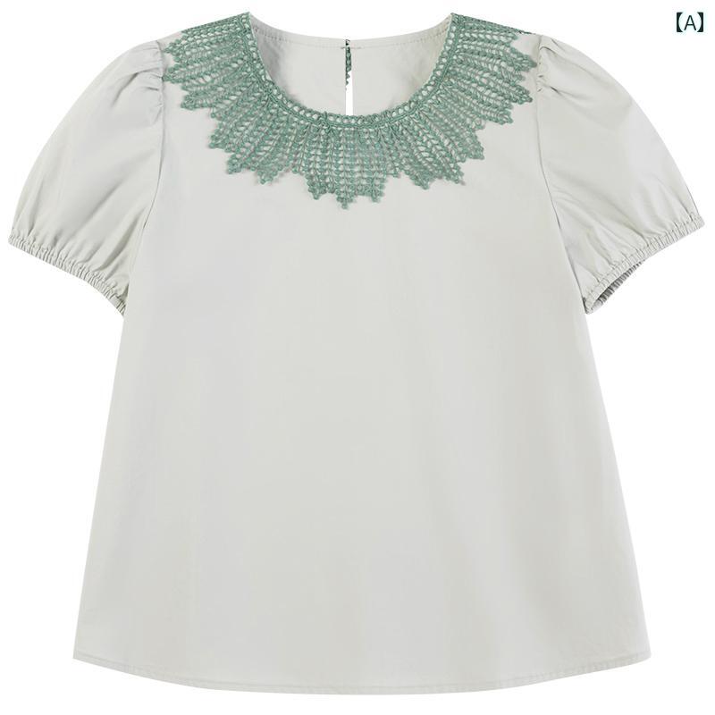 トップス シャツ 子供服 おしゃれ ナチュラル 普段着 キッズ 夏 肌に優しい 綿 立体 レース パフスリーブ 親子 半袖