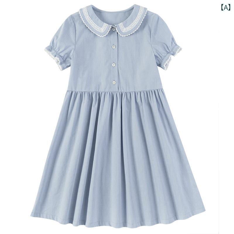 Other - スカート ドレス ワンピース キッズ かわいい ナチュラル 子供服 春夏 レース a ライン 女の子 ハーフ ボタン 半袖 夏