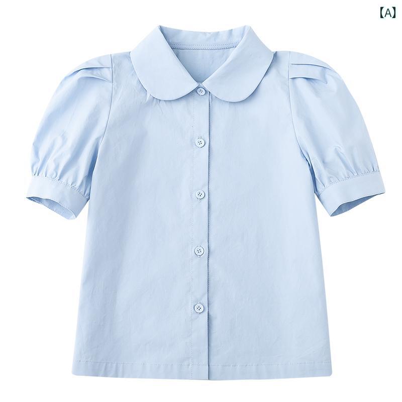 トップス シャツ 子供服 おしゃれ ナチュラル 普段着 キッズ 夏 子供 親子 パフスリーブ オープン ボタン 小さい 人形 襟 半袖 女性