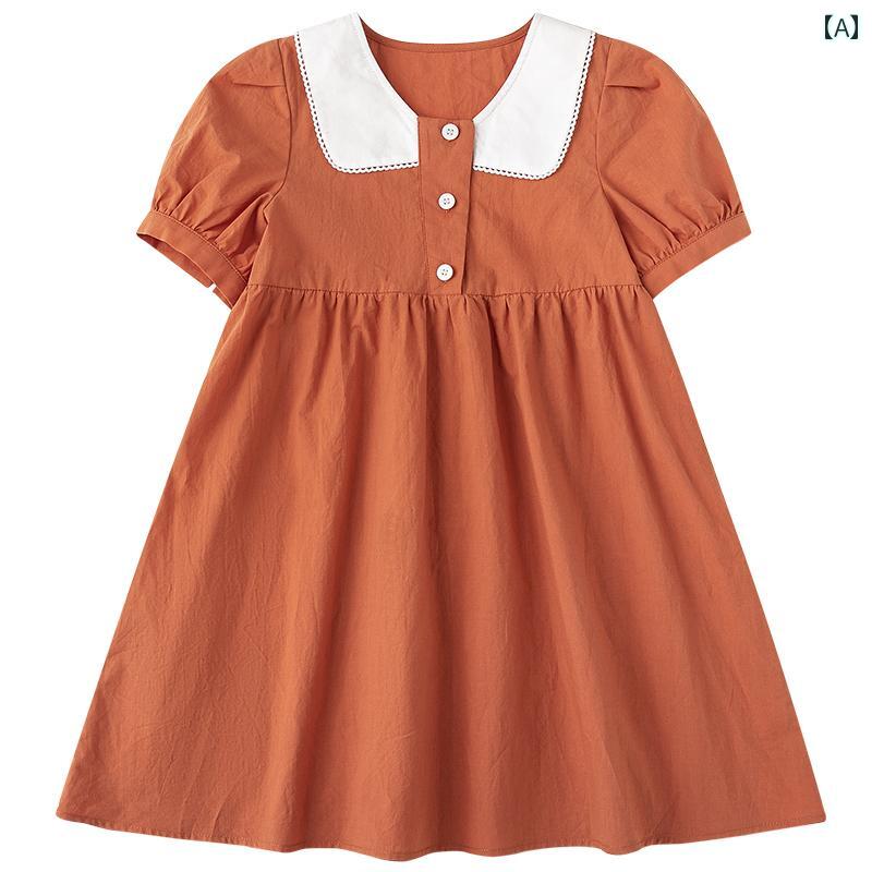 ワンピース キッズ かわいい ナチュラル 子供服 春夏 コーマ 綿 対照的 色 小さい 正方形 襟 親子 パフスリーブドレス 女の子