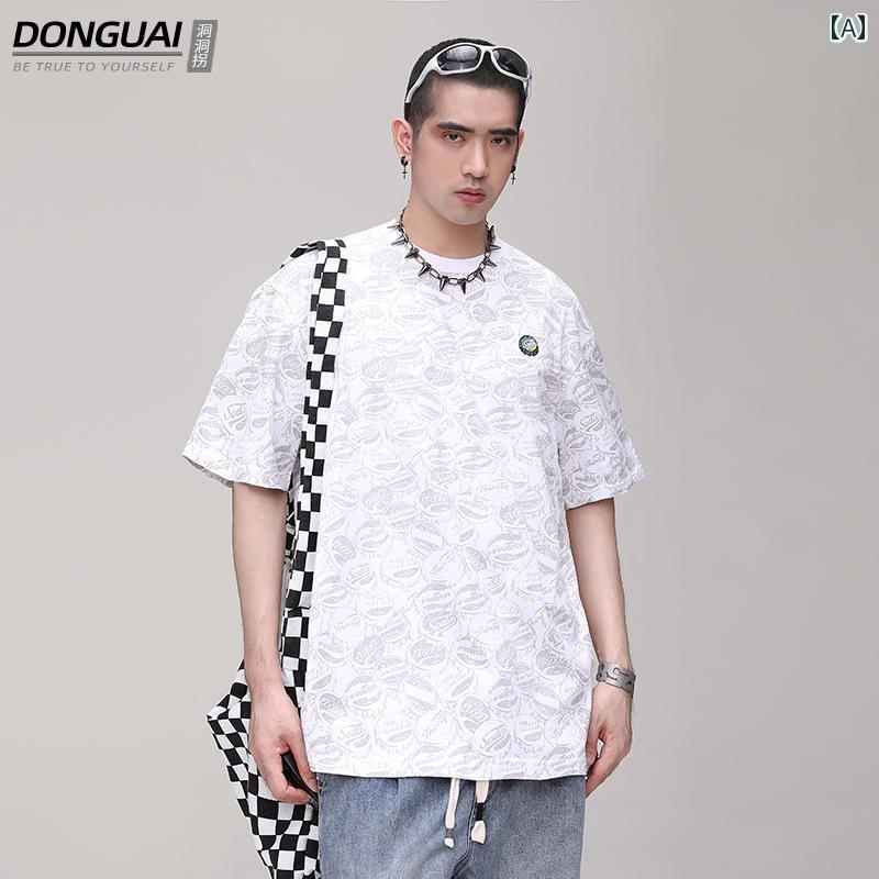 トップス シャツ Tシャツ メンズ カジュアル ストリート ゆったり 男性用 五分丈 半袖 全身 プリント 半袖 学生 夏