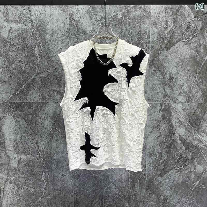 夏 ストリート ノースリーブ Tシャツ メンズ カジュアル トップス ラウンドネック プルオーバー 個性 薄手 涼感 ゆったり 穴 ストリート